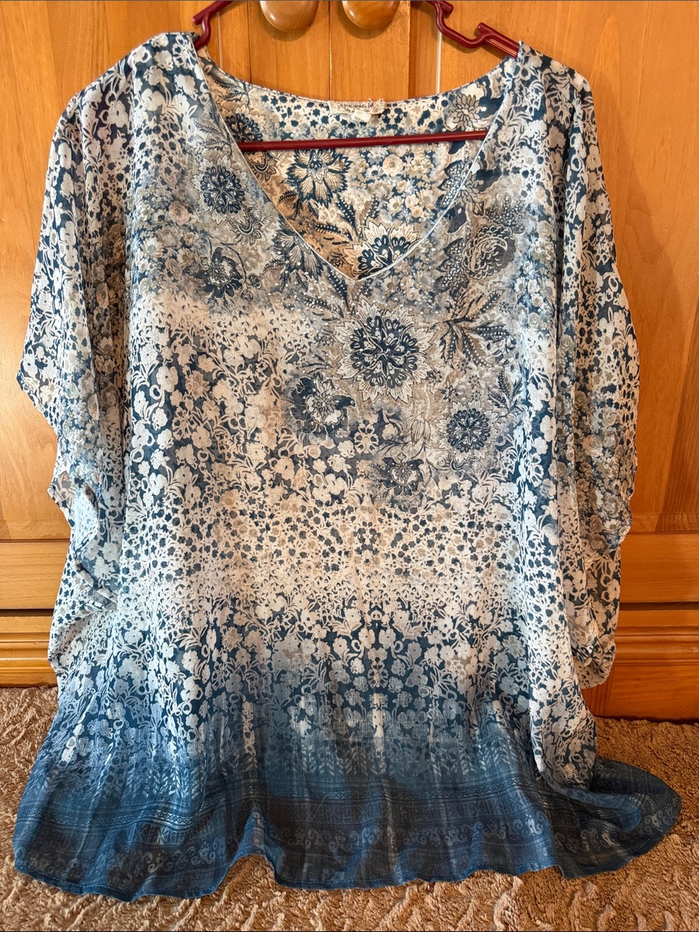 New World Large Blue Floral V-Neck Pullover layered flowyTunic